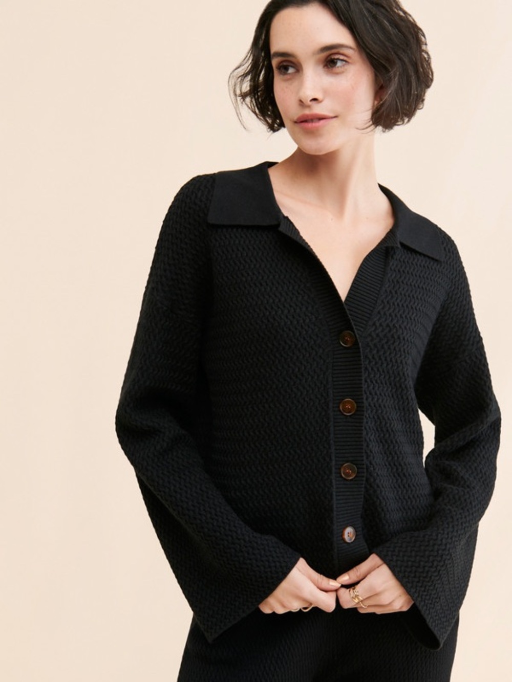 Sancia Knit Button-Down Cardigan with Collar textured Cotton blend knit office m